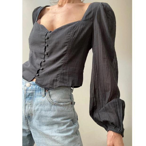 Free People Buttondown Smocked Cropped Blouse Top S