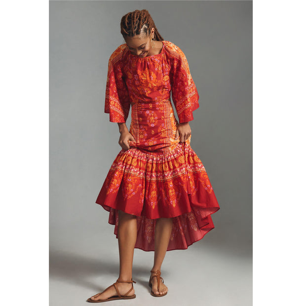 Farm Rio Anthropologie Printed Cutout Tiered-Hem Maxi Dress