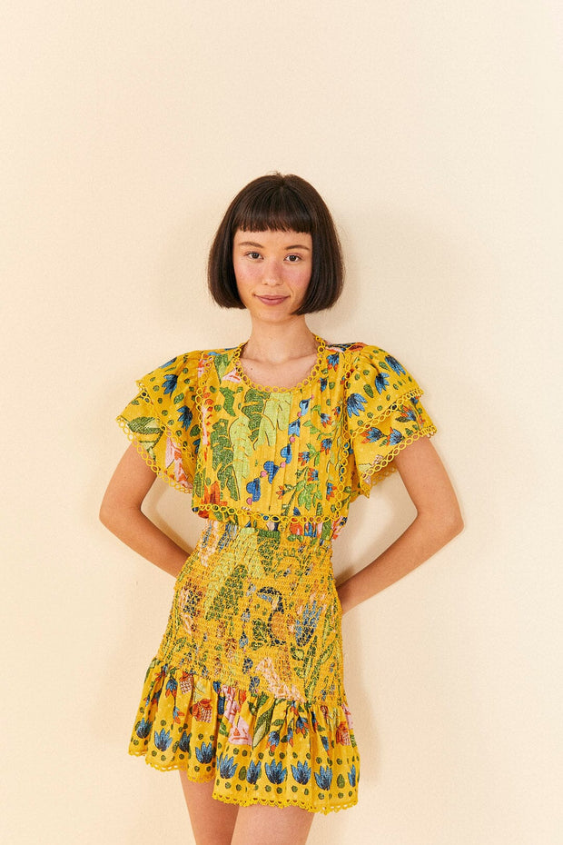 Farm Rio Anthropologie Yellow Summer Garden Mini Skirt XL
