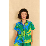 Farm Rio Anthropologie Blue Banana Leaves Shirt Blouse Top