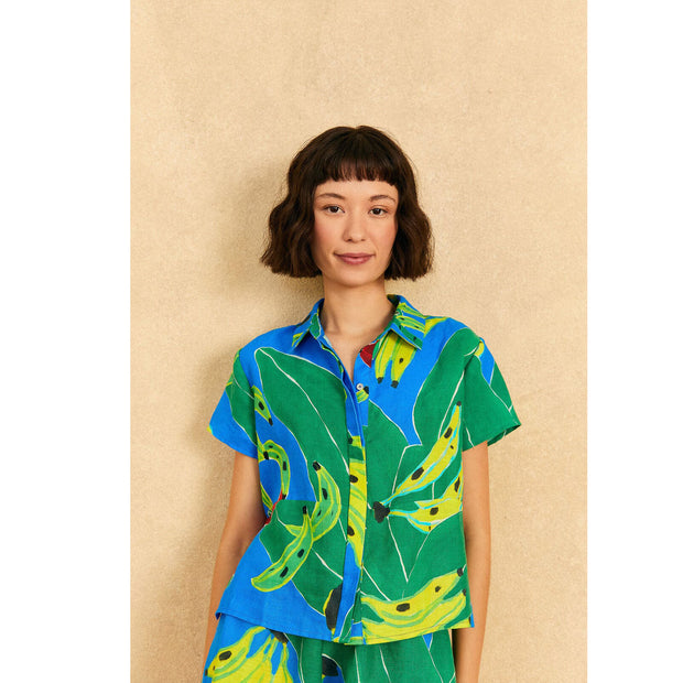 Farm Rio Anthropologie Blue Banana Leaves Shirt Blouse Top