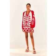 Farm Rio Anthropologie Red Tropical Cutwork Mini Dress S