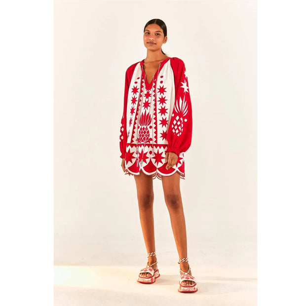 Farm Rio Anthropologie Red Tropical Cutwork Mini Dress S