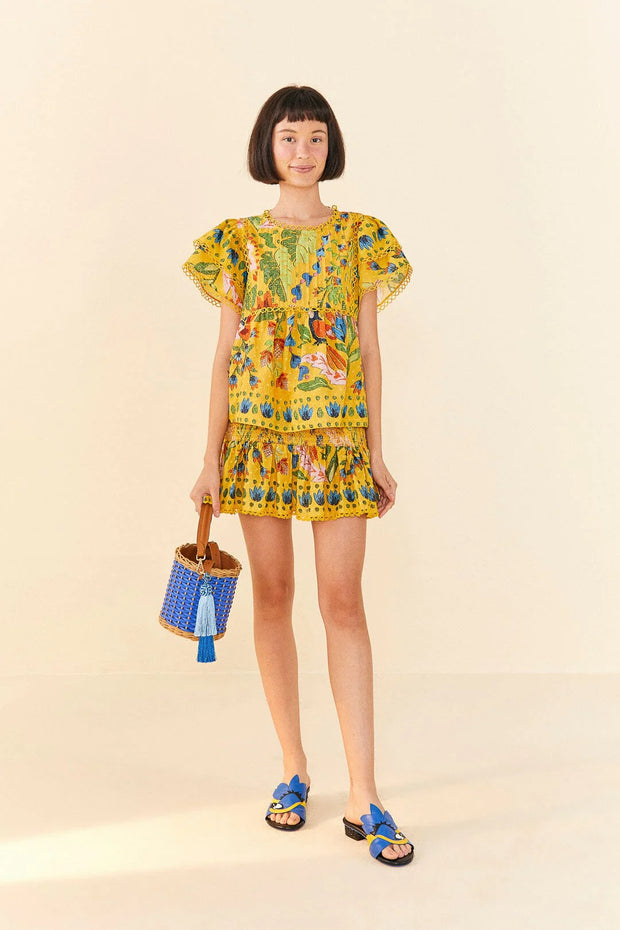 Farm Rio Anthropologie Yellow Summer Garden Mini Skirt XL