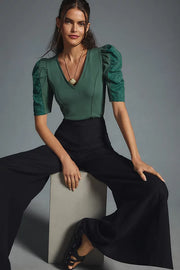 By Anthropologie Puff-Sleeve Structured V-Neck Tee Blouse Top