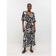River Island Cream Printed Midi Dress S