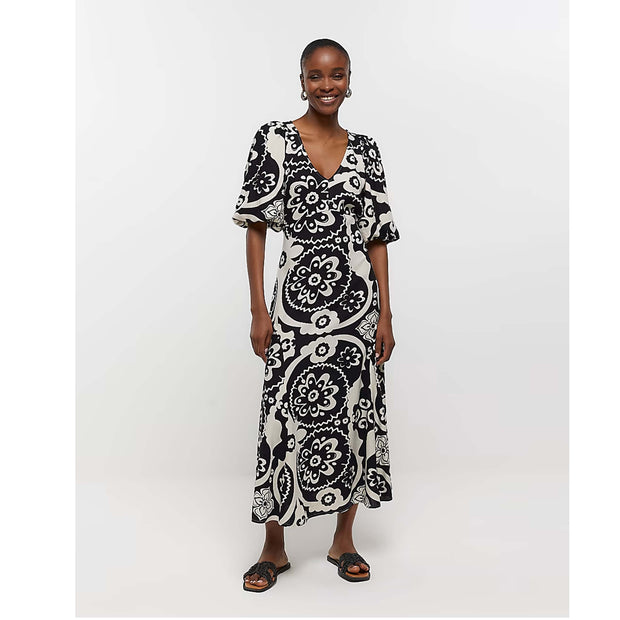River Island Cream Printed Midi Dress S