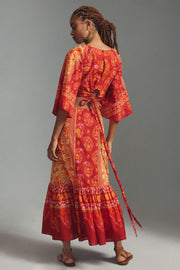 Farm Rio Anthropologie Printed Cutout Tiered-Hem Maxi Dress