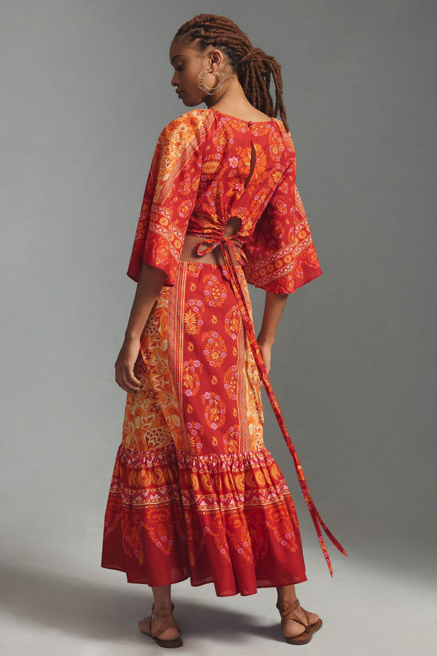 Farm Rio Anthropologie Printed Cutout Tiered-Hem Maxi Dress