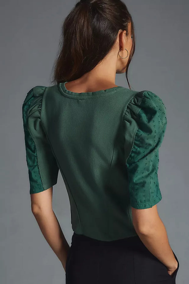 By Anthropologie Puff-Sleeve Structured V-Neck Tee Blouse Top