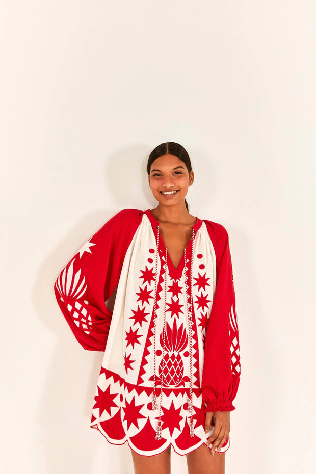 Farm Rio Anthropologie Red Tropical Cutwork Mini Dress S