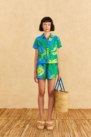 Farm Rio Anthropologie Blue Banana Leaves Shirt Blouse Top
