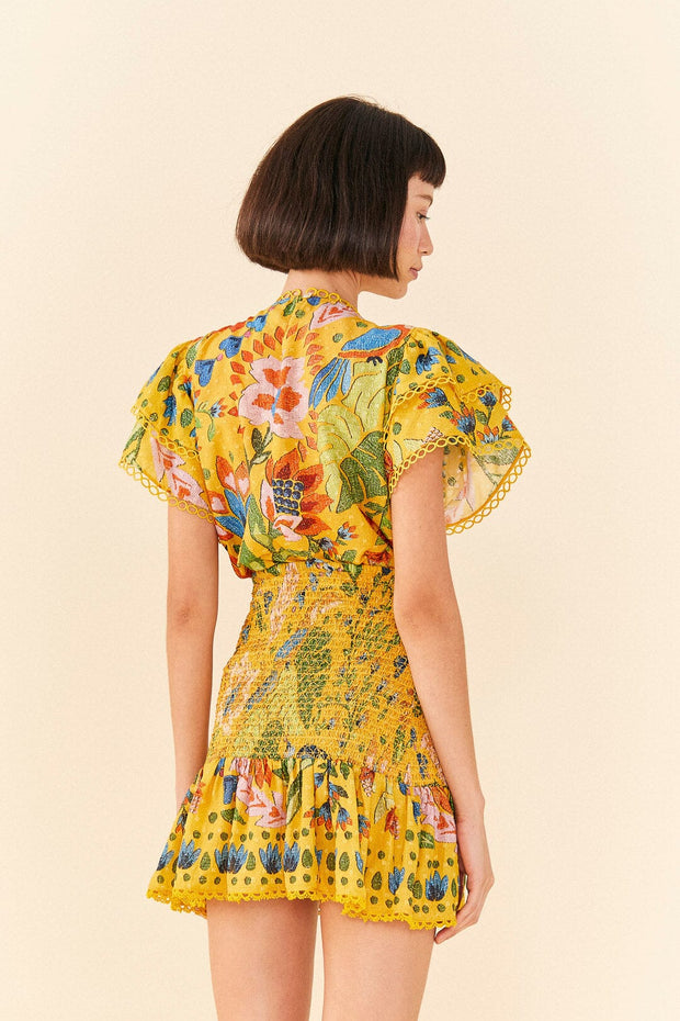 Farm Rio Anthropologie Yellow Summer Garden Mini Skirt XL