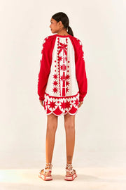 Farm Rio Anthropologie Red Tropical Cutwork Mini Dress S