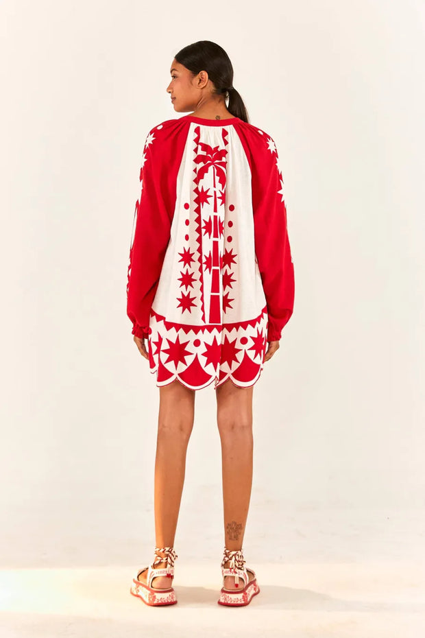 Farm Rio Anthropologie Red Tropical Cutwork Mini Dress S