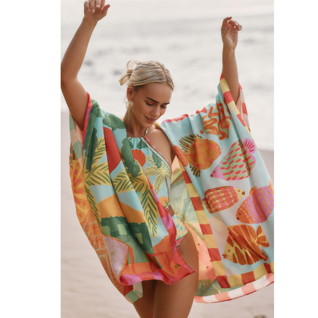 Farm Rio Anthropologie Beach Mixed Scarves Cover Up Tunic Top