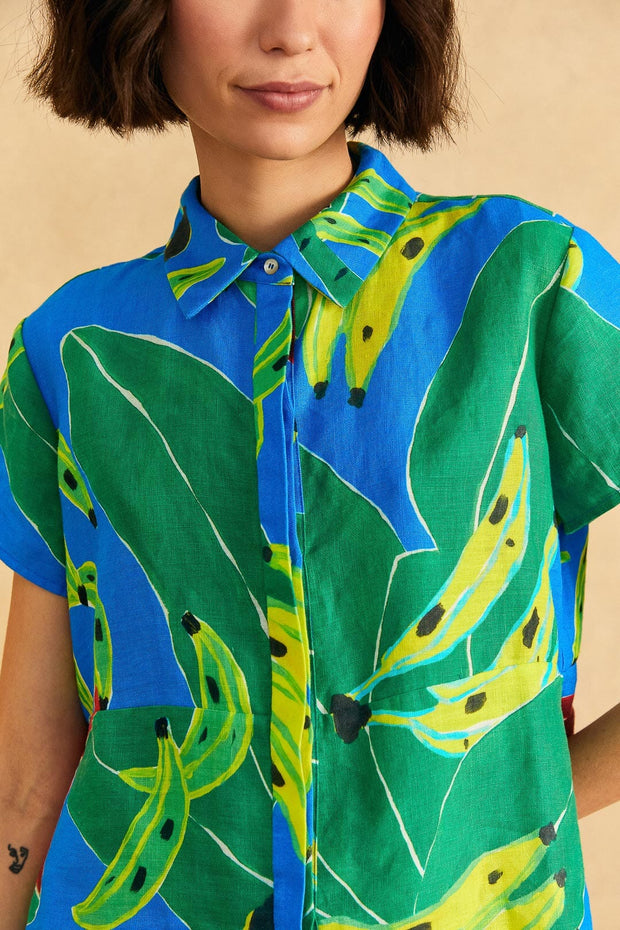 Farm Rio Anthropologie Blue Banana Leaves Shirt Blouse Top