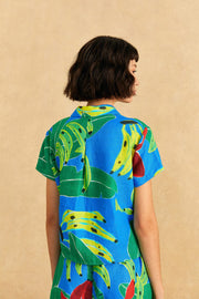 Farm Rio Anthropologie Blue Banana Leaves Shirt Blouse Top