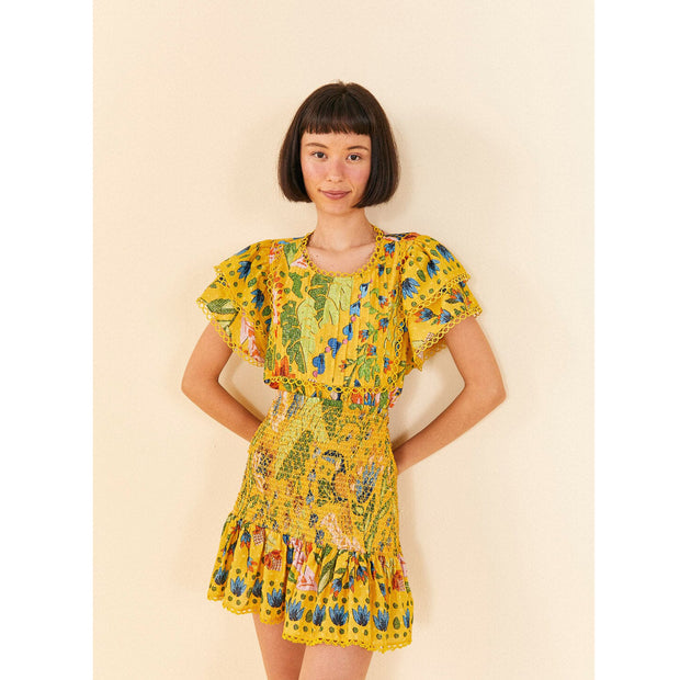 Farm Rio Anthropologie Yellow Summer Garden Mini Skirt XL