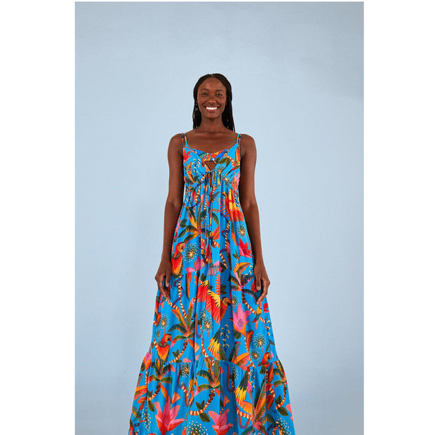 Farm Rio Anthropologie Blue Macaw Party Cover-Up Midi Dress