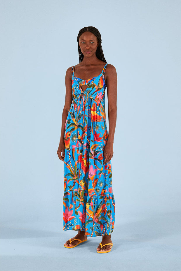 Farm Rio Anthropologie Blue Macaw Party Cover-Up Midi Dress