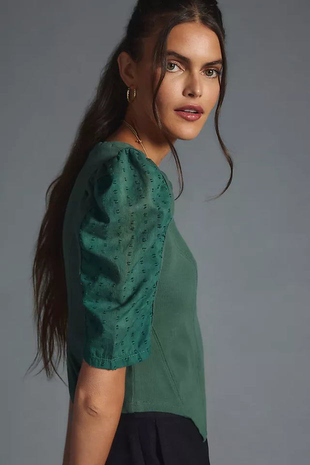 By Anthropologie Puff-Sleeve Structured V-Neck Tee Blouse Top