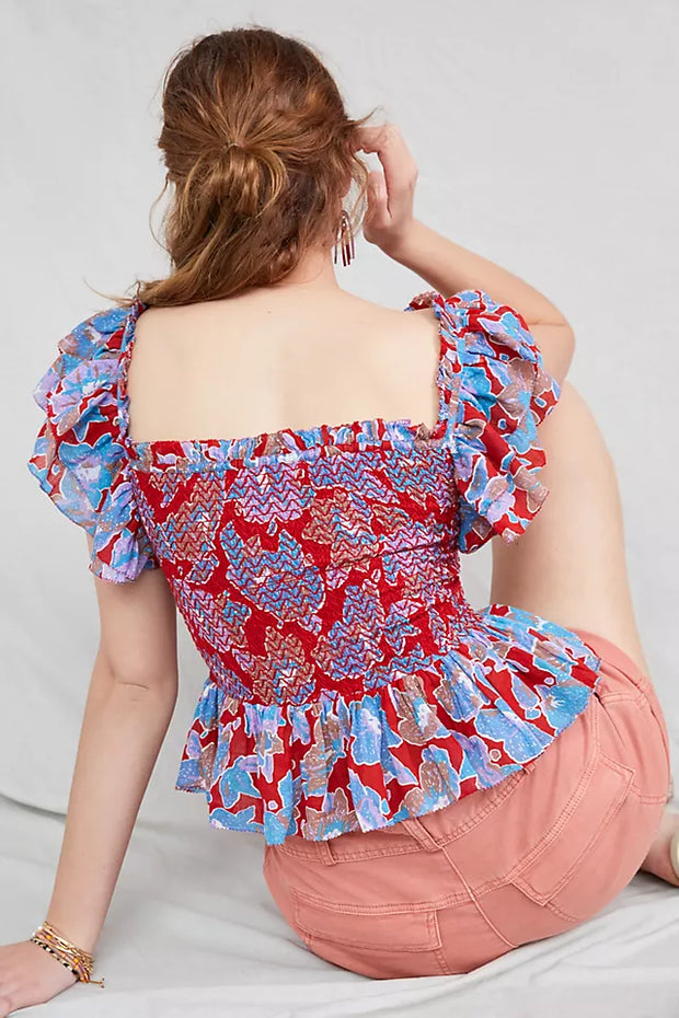 Love The Label Anthropologie Smocked Ruffle Cropped Top S