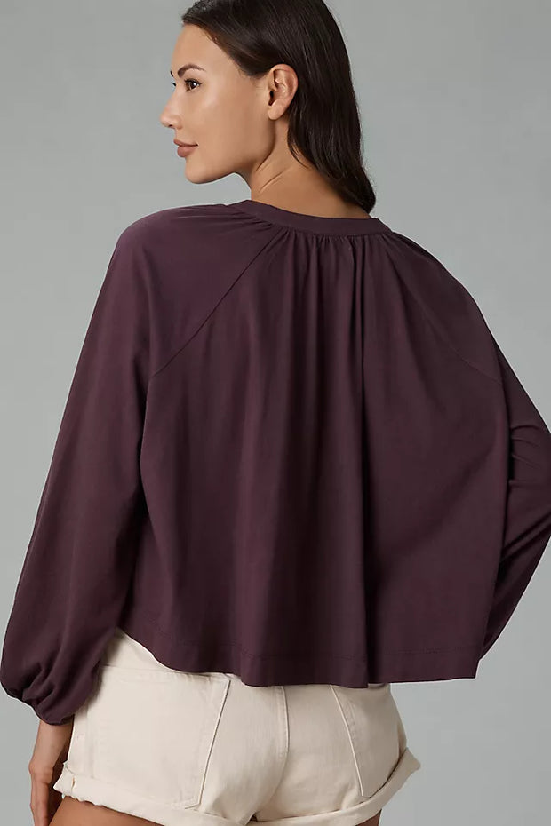 Maeve Anthropologie Split-Neck Pleated Blouse Long Sleeve Top