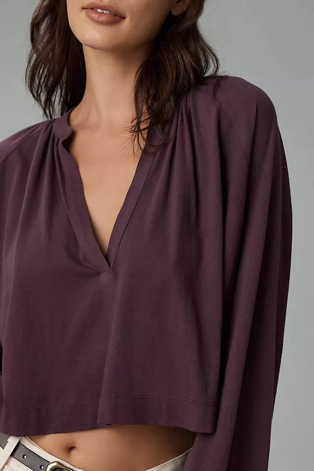 Maeve Anthropologie Split-Neck Pleated Blouse Long Sleeve Top