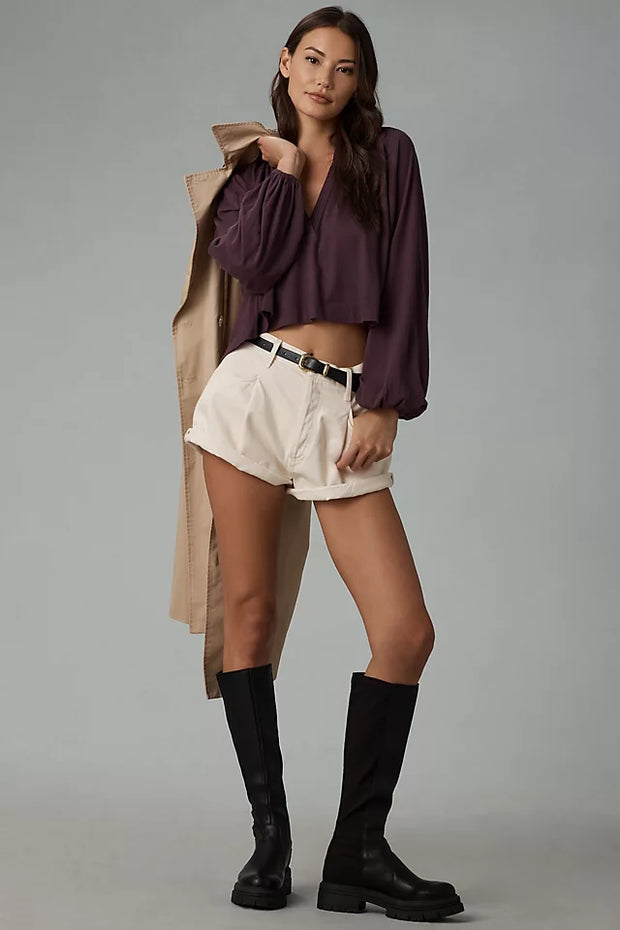 Maeve Anthropologie Split-Neck Pleated Blouse Long Sleeve Top