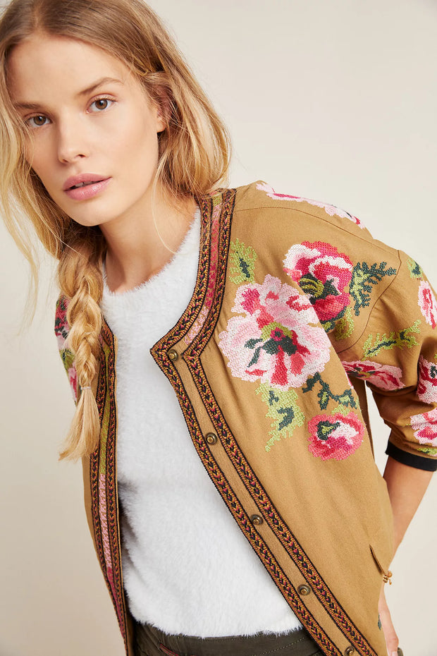 Anthropologie Maeve Needlepoint Bomber Jacket Top S