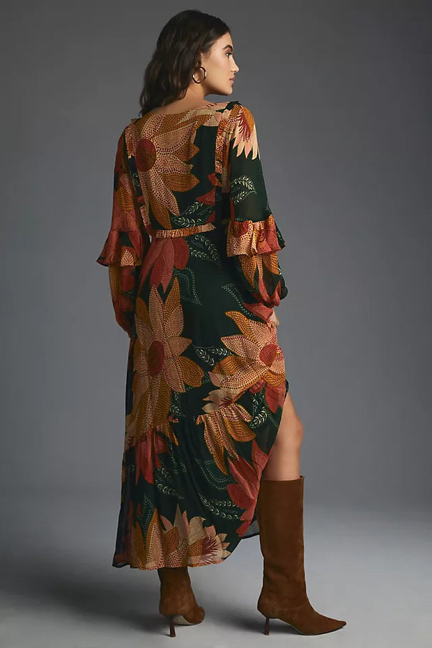 Farm Rio Anthropologie Floral V-Neck Maxi Dress S