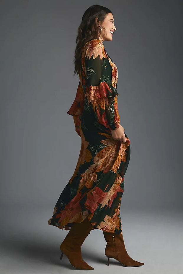 Farm Rio Anthropologie Floral V-Neck Maxi Dress S