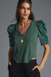 By Anthropologie Puff-Sleeve Structured V-Neck Tee Blouse Top