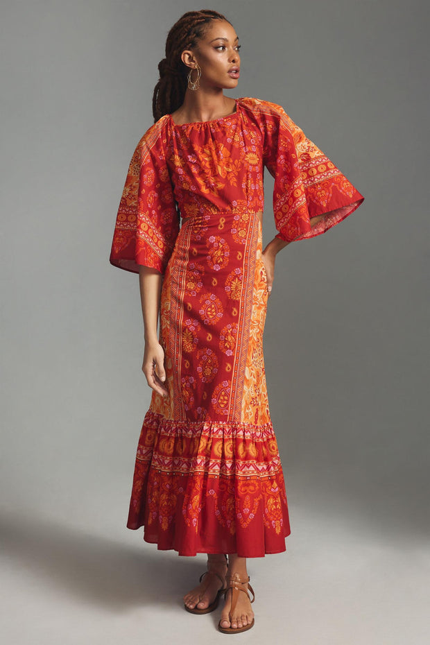 Farm Rio Anthropologie Printed Cutout Tiered-Hem Maxi Dress