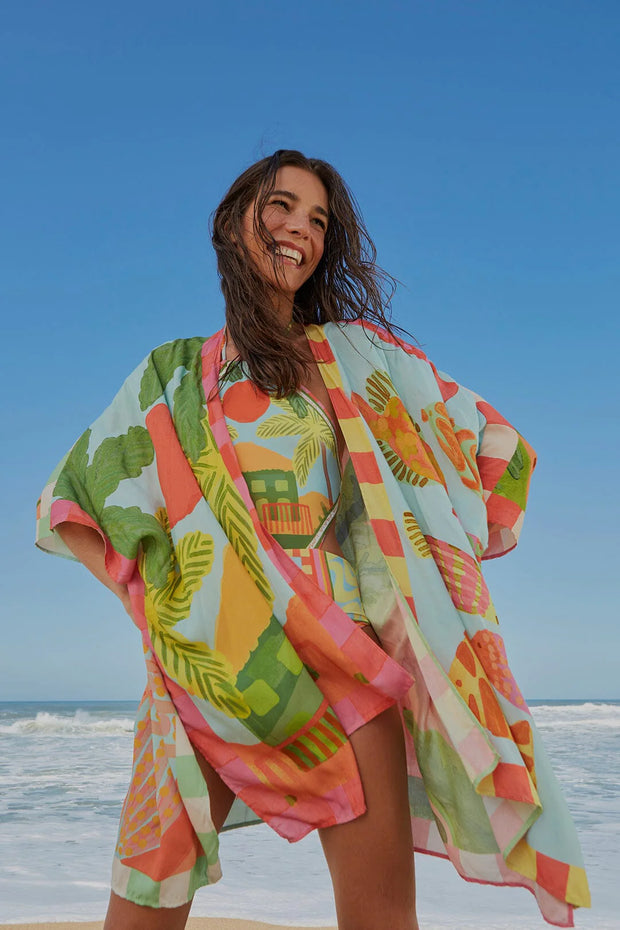 Farm Rio Anthropologie Beach Mixed Scarves Cover Up Tunic Top