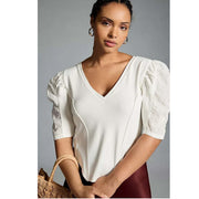 By Anthropologie Puff-Sleeve Structured V-Neck Tee Blouse Top