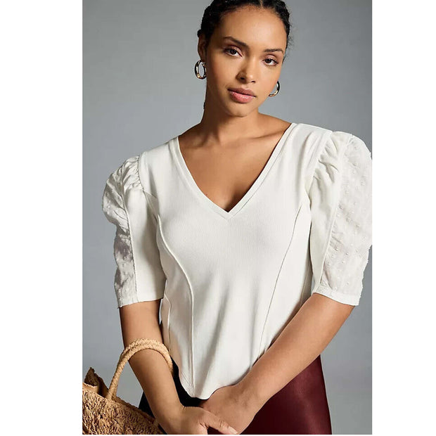 By Anthropologie Puff-Sleeve Structured V-Neck Tee Blouse Top