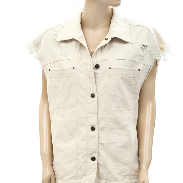 Pilcro Anthropologie Embroidered Denim Vest Jacket Top L