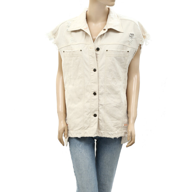 Pilcro Anthropologie Embroidered Denim Vest Jacket Top L