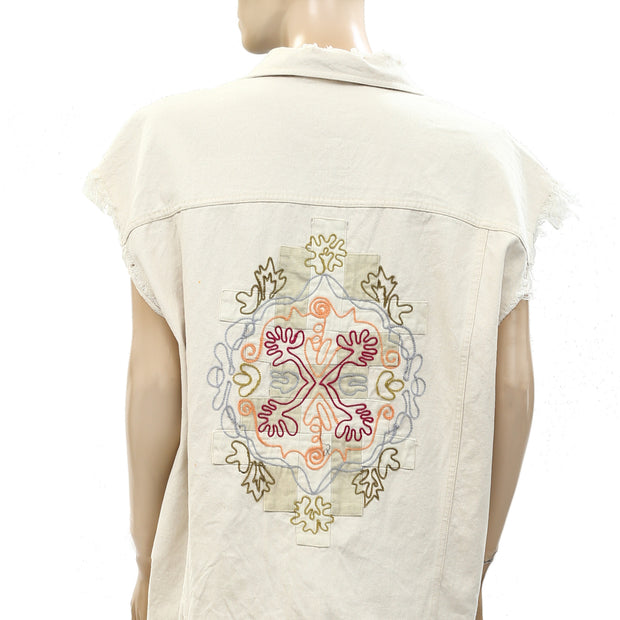 Pilcro Anthropologie Embroidered Denim Vest Jacket Top L