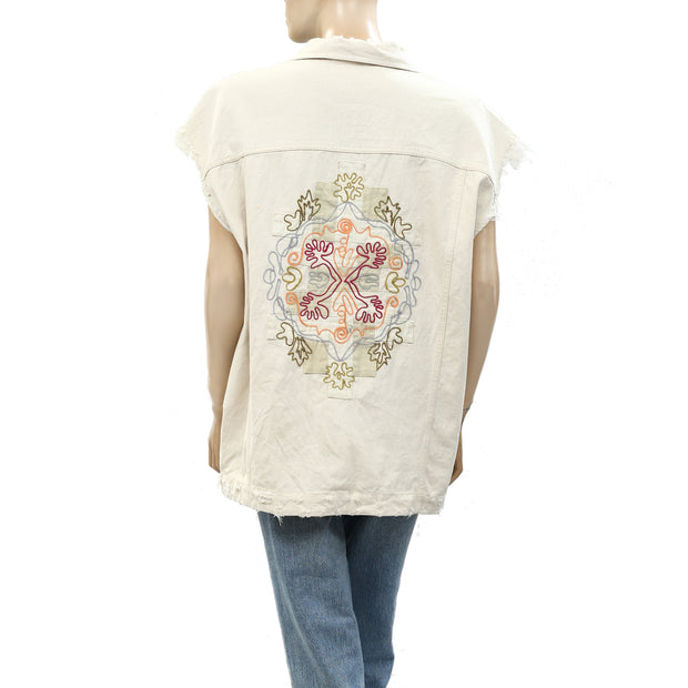 Pilcro Anthropologie Embroidered Denim Vest Jacket Top L