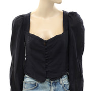 Free People Buttondown Smocked Cropped Blouse Top S