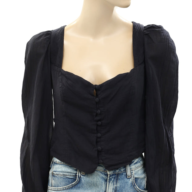 Free People Buttondown Smocked Cropped Blouse Top S