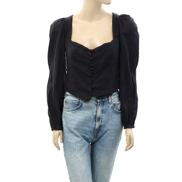 Free People Buttondown Smocked Cropped Blouse Top S