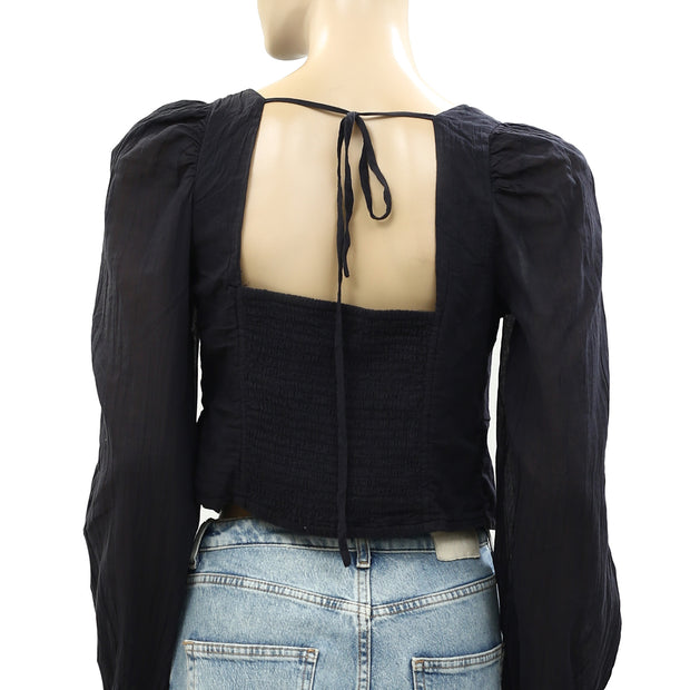 Free People Buttondown Smocked Cropped Blouse Top S