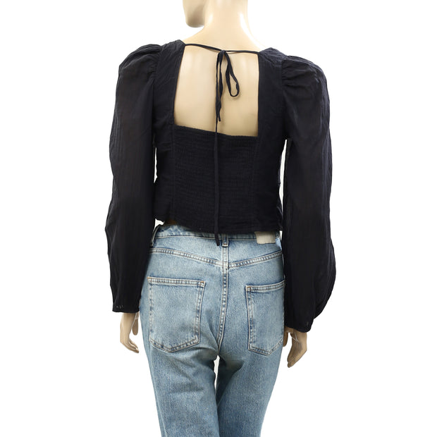 Free People Buttondown Smocked Cropped Blouse Top S