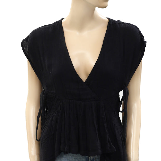 Free People Free-Est Smocked Wrap Black Textured Blouse Top