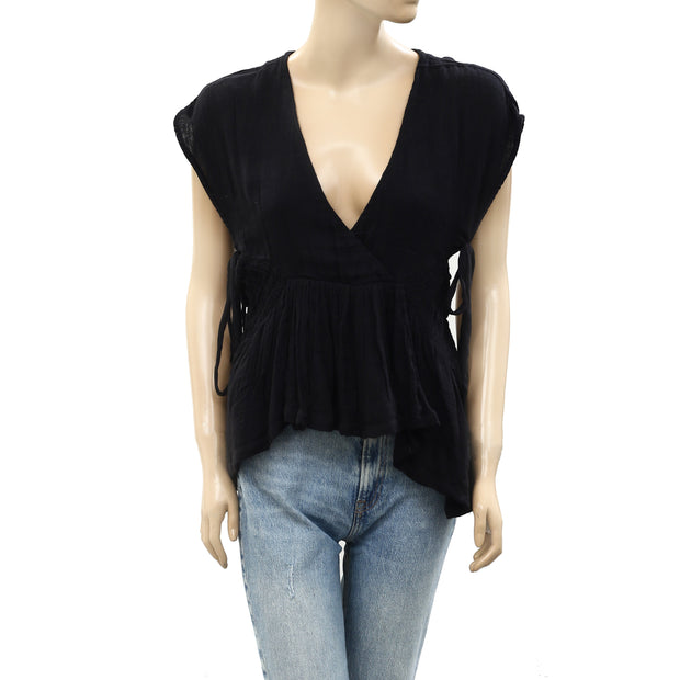 Free People Free-Est Smocked Wrap Black Textured Blouse Top