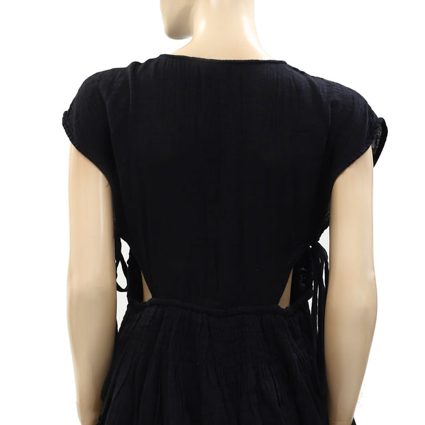 Free People Free-Est Smocked Wrap Black Textured Blouse Top
